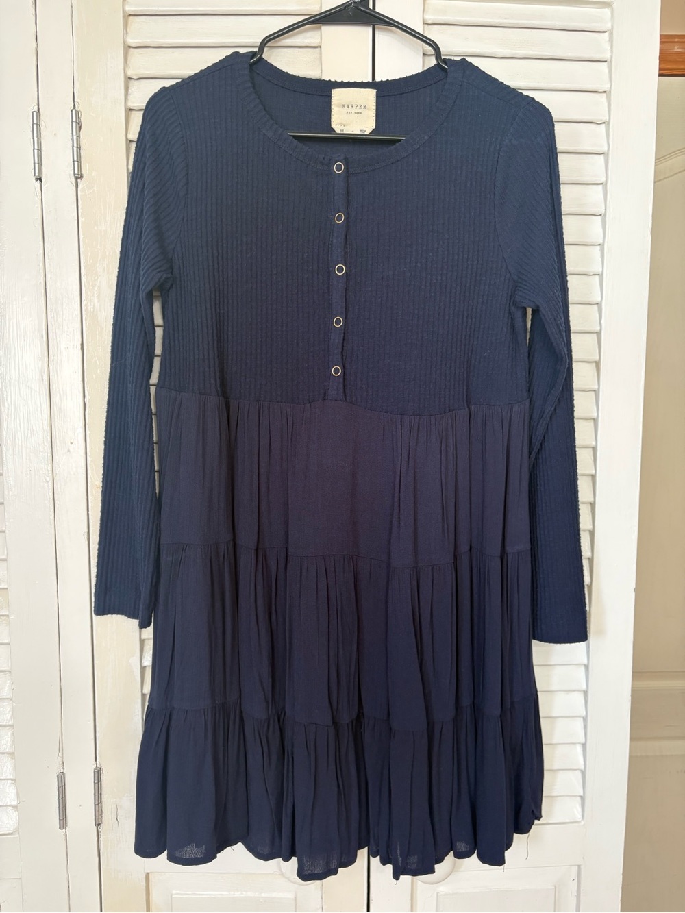 Ribbed Navy Tiered Button-Front Midi Dress
